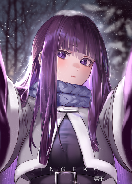 Anime picture 4001x5579 with sousou no frieren fern (sousou no frieren) ringeko-chan single long hair tall image looking at viewer blush fringe highres purple eyes signed absurdres purple hair upper body outdoors blunt bangs sparkle winter :t