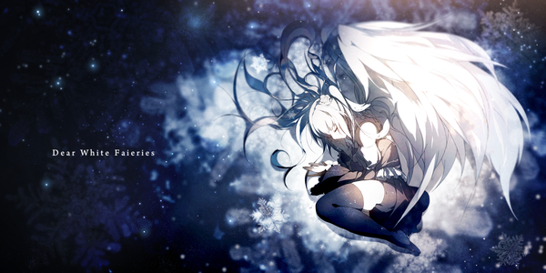 Anime picture 3307x1654 with original c.c.r single long hair highres light erotic wide image white hair eyes closed sunlight angel wings girl thighhighs black thighhighs detached sleeves wings snowflake (snowflakes)
