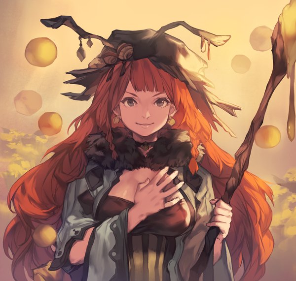 Anime picture 1400x1334 with original umberwig single long hair looking at viewer fringe breasts smile large breasts upper body red hair braid (braids) black eyes twin braids hand on chest girl weapon hat earrings staff