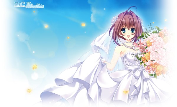 Anime picture 1280x772 with da capo ii dearest marriage asakura otome takano yuki (allegro mistic) single looking at viewer blush fringe short hair open mouth blue eyes smile brown hair wide image ahoge girl dress flower (flowers) choker bouquet wedding dress