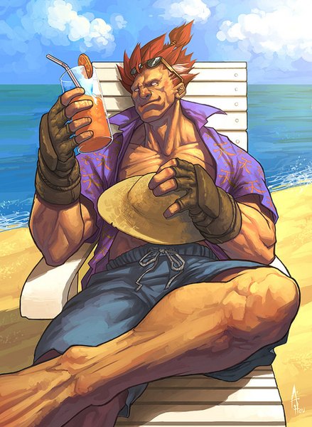 Anime picture 1024x1400 with street fighter capcom akuma gouki tall image short hair cloud (clouds) red hair beach sand manly boy hat shorts sea sunglasses drink straw hat glass