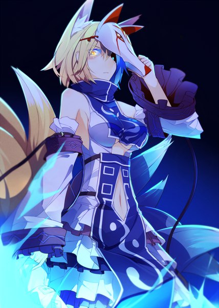 Anime picture 714x1000 with touhou yakumo ran ichiyan (artist) single tall image looking at viewer short hair breasts blonde hair simple background bare shoulders animal ears yellow eyes tail long sleeves animal tail blurry wide sleeves from below depth of field