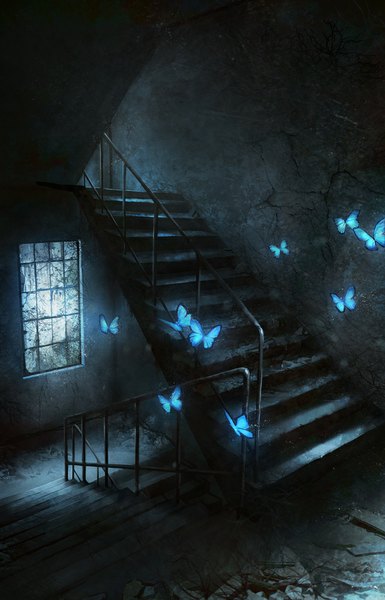 Anime picture 642x1000 with seafh (artist) tall image glowing no people ruins window insect butterfly stairs