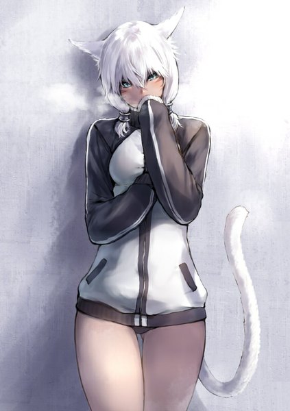 Anime picture 565x800 with final fantasy final fantasy xiv square enix miqo'te y'shtola rhul makimura shunsuke single tall image looking at viewer fringe short hair blue eyes light erotic standing twintails animal ears white hair tail animal tail cat ears