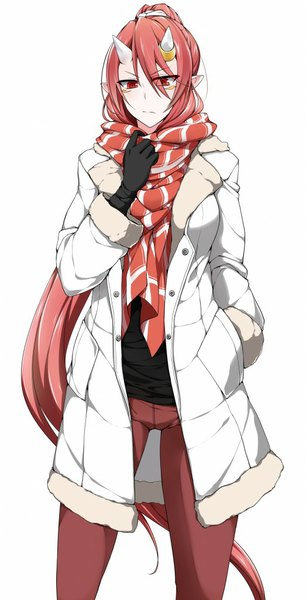 Anime picture 523x1024 with original dahlia ogrest red-eyes macadamiachoco single tall image simple background red eyes white background ponytail red hair very long hair horn (horns) pointy ears facial mark looking down hand in pocket oni horns girl gloves black gloves