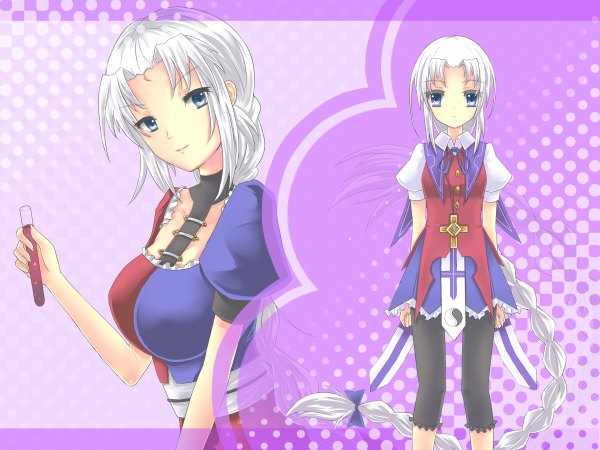 Anime picture 2400x1800 with touhou yagokoro eirin tenhi tsukitori long hair looking at viewer highres blue eyes white hair braid (braids) dual persona girl dress