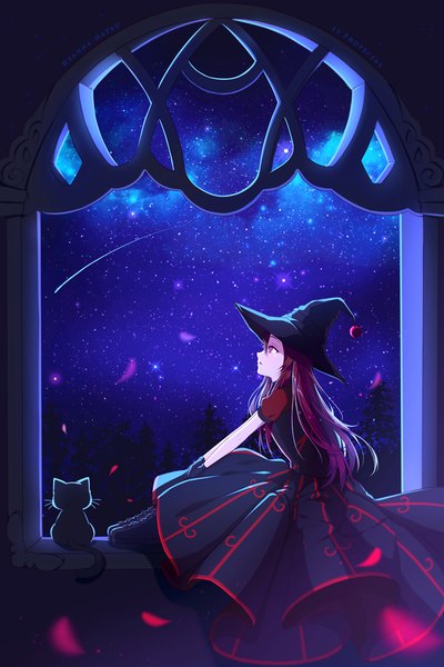 Anime picture 800x1200 with original hyanna-natsu single long hair tall image open mouth red eyes sitting signed red hair profile night short sleeves night sky watermark looking up witch shooting star milky way girl