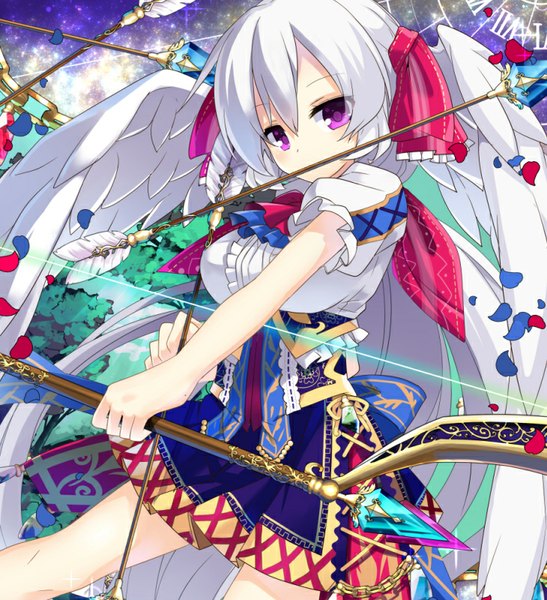 Anime picture 730x800 with original nyori single long hair tall image looking at viewer purple eyes holding white hair mouth hold head wings white wings girl weapon wings star (stars) bow (weapon) arrow (arrows)