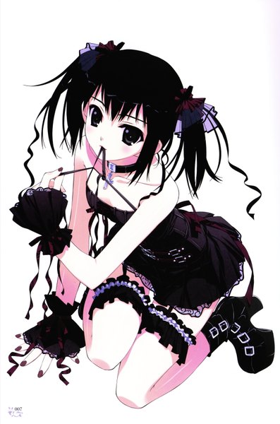 Anime picture 2310x3490 with original murakami suigun single tall image looking at viewer fringe highres short hair black hair hair between eyes white background twintails bare shoulders holding payot full body bent knee (knees) nail polish black eyes arm support