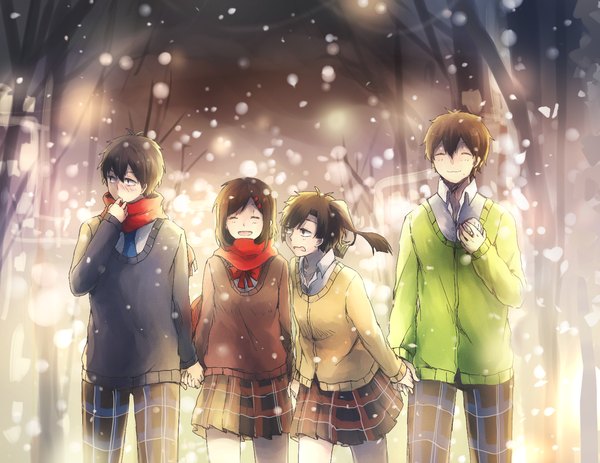Anime picture 1530x1181 with kagerou project shaft (studio) tateyama ayano mary (kagerou project) enomoto takane kokonose haruka domik long hair blush fringe short hair open mouth smile twintails multiple girls looking away multiple boys holding hands snowing winter