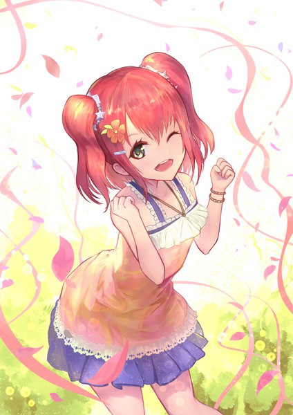 Anime picture 830x1174 with love live! sunshine!! sunrise (studio) love live! kurosawa ruby kawahara ryuuta single tall image looking at viewer short hair open mouth green eyes red hair one eye closed from above wink two side up girl dress ribbon (ribbons) petals