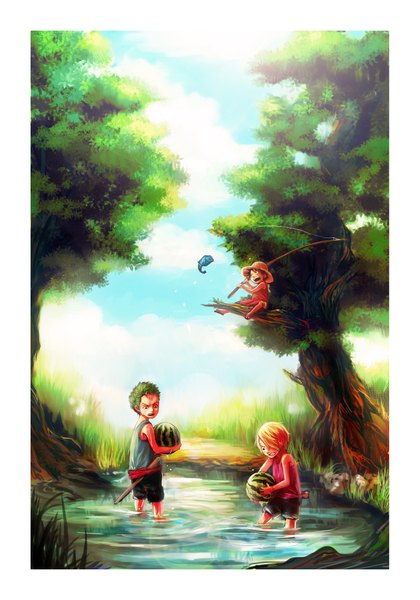 Anime picture 1621x2314 with one piece toei animation monkey d. luffy roronoa zoro sanji tsuyomaru tall image fringe short hair open mouth black hair blonde hair sky cloud (clouds) green hair hair over one eye multiple boys border alternate age younger