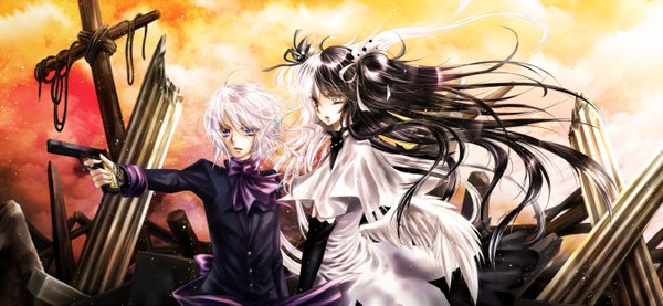 Anime picture 1350x625 with long hair short hair blue eyes black hair wide image white hair multicolored hair couple ruins girl boy weapon wings neckerchief