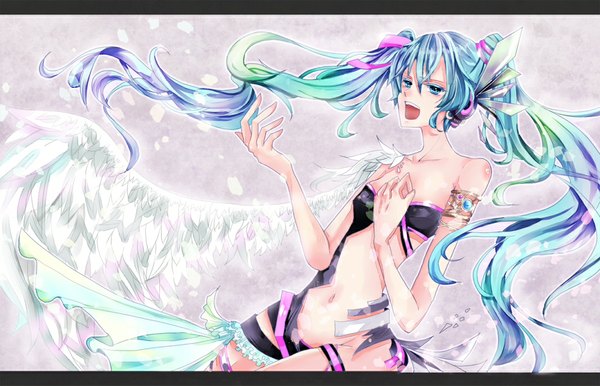 Anime picture 1066x686 with vocaloid hatsune miku tagme (artist) single fringe open mouth light erotic twintails bare shoulders very long hair multicolored hair aqua eyes torn clothes singing girl navel wings bracelet headphones