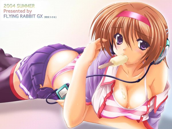 Anime picture 1600x1200 with highres short hair breasts light erotic brown hair large breasts purple eyes cleavage lying open clothes open shirt striped on stomach lace-trimmed panties sexually suggestive open skirt thighhighs uniform underwear panties