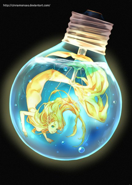 Anime picture 755x1052 with original cinnamonsao single long hair tall image light erotic blonde hair signed tail aqua eyes floating hair watermark black background dark background underwater arched back glow monster girl fish tail in container