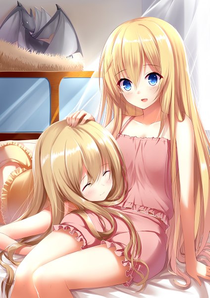 Anime picture 849x1200 with machine-doll wa kizutsukanai charlotte blue aixioo long hair tall image blush open mouth blue eyes blonde hair multiple girls eyes closed girl 2 girls dragon