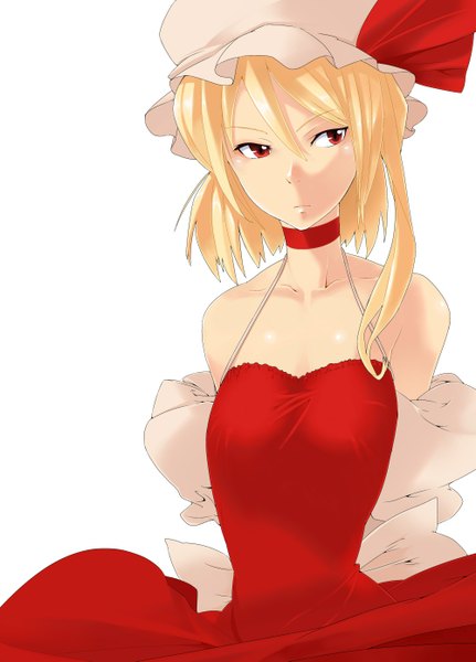 Anime picture 1000x1391 with touhou flandre scarlet zenisu single tall image short hair simple background blonde hair red eyes white background bare shoulders girl dress bonnet