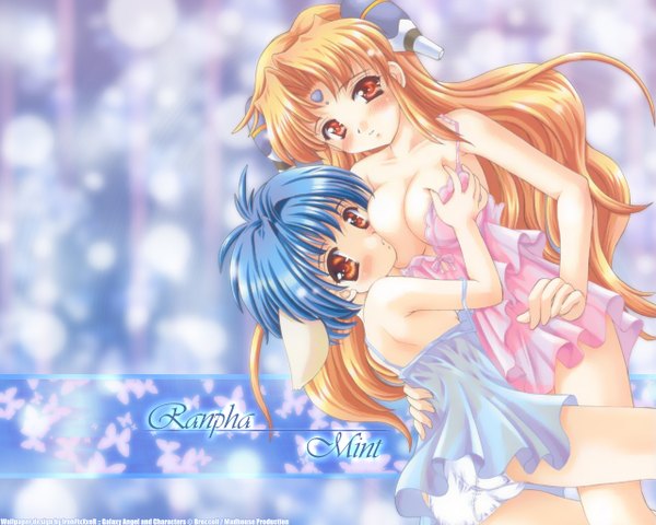 Anime picture 1280x1024 with galaxy angel madhouse mint blancmanche ranpha franboise looking at viewer blush breasts light erotic blonde hair large breasts multiple girls brown eyes blue hair character names underwear only girl underwear panties 2 girls white panties