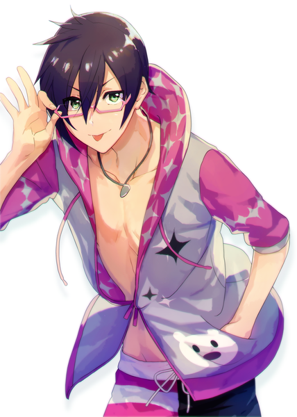 Anime picture 640x896 with idolmaster idolmaster side-m iseya shiki map (map imas) single tall image looking at viewer fringe short hair black hair simple background hair between eyes white background green eyes hand in pocket adjusting glasses boy glasses tongue pendant