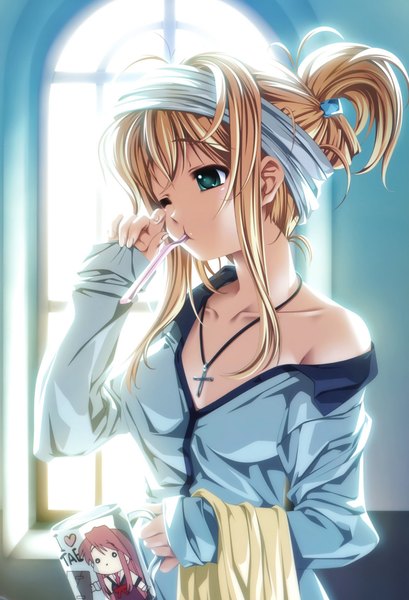 Anime picture 2250x3300 with senomoto hisashi long hair tall image highres blonde hair green eyes absurdres one eye closed wink girl window cross cup mug