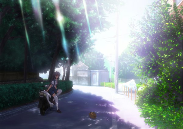 Anime picture 2000x1414 with clannad key (studio) fujibayashi kyou long hair highres sunlight landscape girl motorcycle