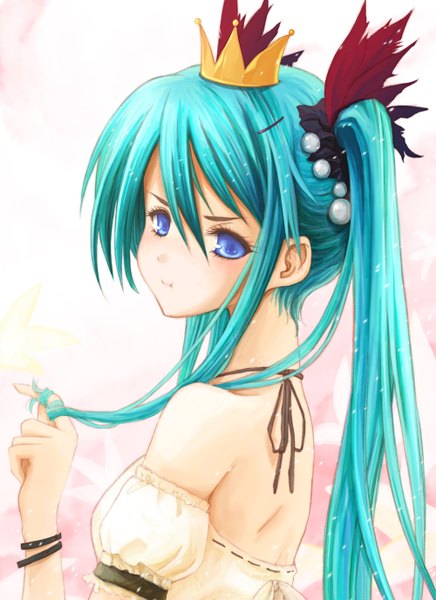 Anime picture 1000x1376 with vocaloid world is mine (vocaloid) hatsune miku les (artist) single long hair tall image fringe blue eyes hair between eyes twintails upper body aqua hair :t playing with hair hair twirling girl dress bobby pin crown
