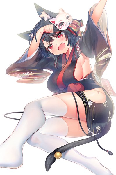 Anime picture 1000x1502 with azur lane yamashiro (azur lane) shirako sei single tall image looking at viewer blush short hair breasts open mouth light erotic black hair simple background red eyes large breasts white background animal ears tail lying animal tail