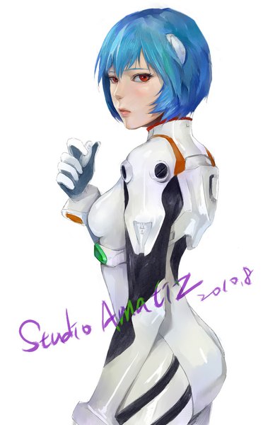 Anime picture 630x1015 with neon genesis evangelion gainax ayanami rei amatiz single tall image looking at viewer short hair simple background red eyes white background blue hair lips girl suit