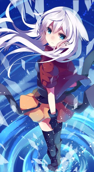 Anime picture 650x1186 with original anceril sacred mishima kurone single long hair tall image looking at viewer blue hair white hair open clothes open jacket girl thighhighs skirt black thighhighs jacket boots