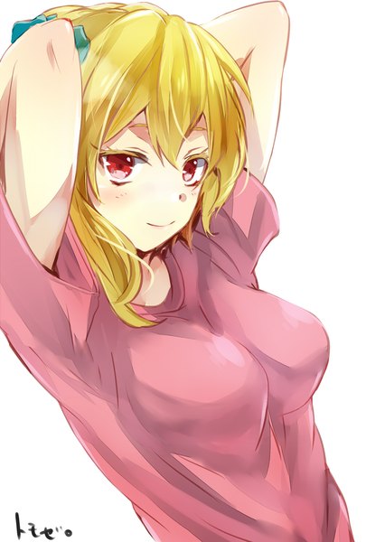 Anime picture 1000x1479 with kagerou project shaft (studio) kisaragi momo tomozero single tall image looking at viewer blush fringe short hair breasts simple background blonde hair smile red eyes large breasts white background side ponytail arms behind head girl