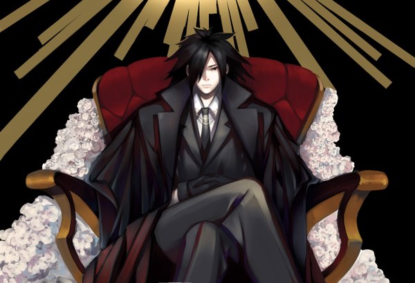 Anime picture 2480x1695 with naruto studio pierrot naruto (series) uchiha madara tagme (artist) single long hair fringe highres sitting hair over one eye alternate costume crossed legs sharingan mafia boy gloves flower (flowers) shirt black gloves