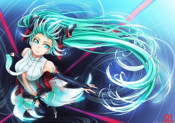 Anime picture 2857x2000 with vocaloid hatsune miku long hair highres twintails green eyes green hair girl detached sleeves