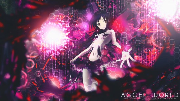 Anime picture 1920x1080 with accel world sunrise (studio) kuroyukihime tammypain single long hair highres breasts light erotic black hair wide image brown eyes inscription :o copyright name flat chest light insect wings butterfly wings girl