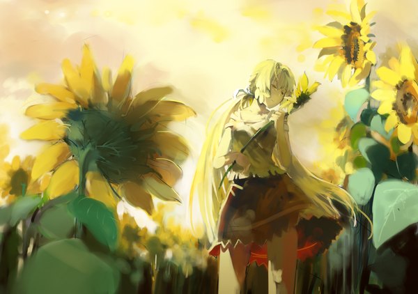 Anime picture 1860x1311 with original greenheart single long hair highres blonde hair yellow eyes ponytail wind girl flower (flowers) sunflower