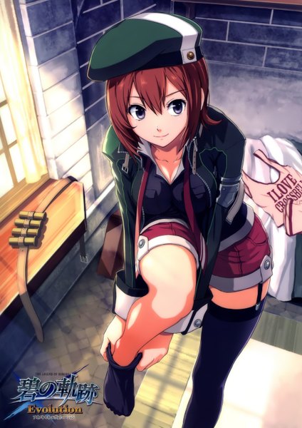 Anime picture 2100x2970 with eiyuu densetsu noel seeker single tall image looking at viewer highres short hair brown hair light smile black eyes scan girl thighhighs black thighhighs shorts window beret