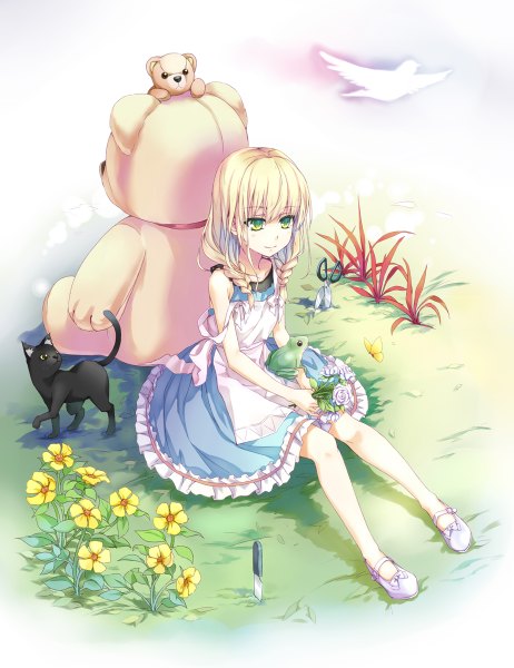 Anime picture 924x1200 with the witch's house viola (the witch's house) hika (cross-angel) long hair tall image blonde hair sitting green eyes braid (braids) twin braids girl dress flower (flowers) animal insect butterfly cat toy stuffed animal knife