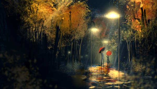 Anime picture 2665x1527 with original flyingapplesaucer highres wide image standing holding pleated skirt night reflection rain autumn girl boy skirt plant (plants) tree (trees) scarf umbrella pants