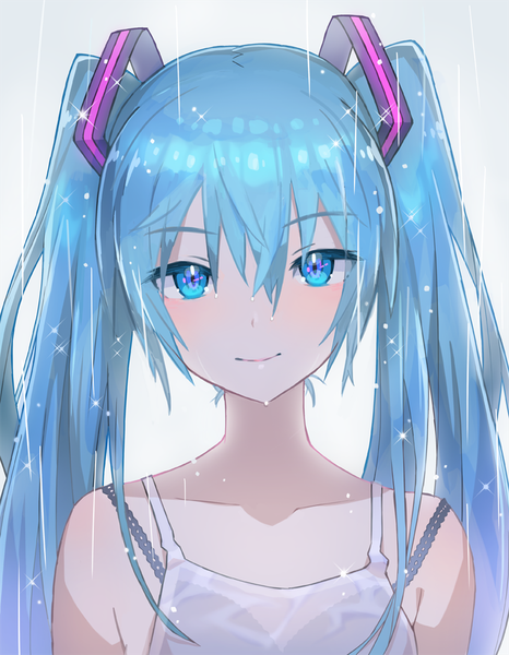 Anime picture 777x1000 with vocaloid hatsune miku saitou naoki single long hair tall image looking at viewer blush fringe blue eyes hair between eyes twintails bare shoulders blue hair upper body outdoors head tilt light smile sparkle wet