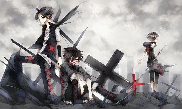 Anime picture 1024x614 with original matsunaka hiro short hair black hair smile red eyes wide image sitting bare shoulders cloud (clouds) from behind open clothes back open collar ruins curly hair boy weapon detached sleeves sword
