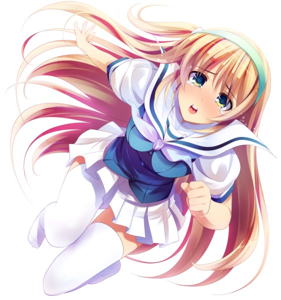 Anime picture 1125x1200 with original dragonmaterial single long hair tall image blush open mouth simple background blonde hair white background green eyes tears girl thighhighs skirt uniform school uniform miniskirt white thighhighs hairband
