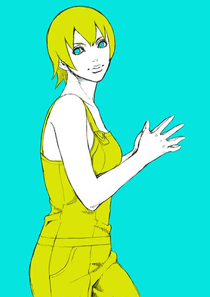 Anime picture 566x800 with jojo no kimyou na bouken foo fighters chounorin single tall image short hair simple background blonde hair bare shoulders looking away aqua eyes aqua background girl overalls