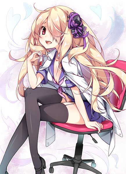 Anime picture 652x900 with puzzle & dragons pandora (p&d) reina (black spider) single long hair tall image looking at viewer blush fringe breasts open mouth light erotic smile red eyes sitting holding payot cleavage ahoge white hair