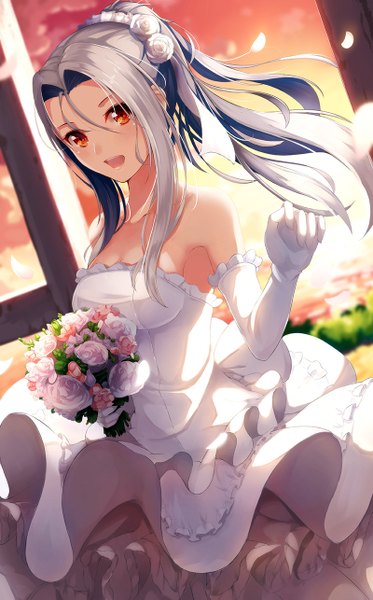 Anime picture 800x1286 with fate (series) fate/zero type-moon irisviel von einzbern liu guniang single long hair tall image looking at viewer blush breasts red eyes standing bare shoulders holding sky silver hair ponytail arm up hair flower