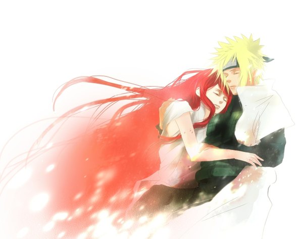 Anime picture 1214x959 with naruto studio pierrot naruto (series) namikaze minato uzumaki kushina fringe short hair blonde hair red hair eyes closed very long hair couple hug jinchuriki hokage girl boy hairband