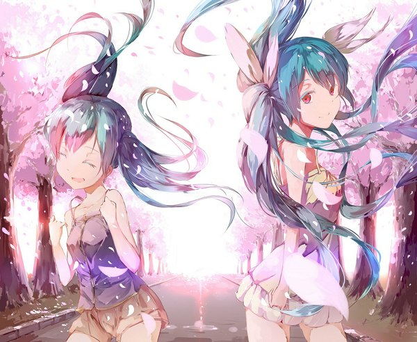 Anime picture 1100x902 with vocaloid hatsune miku lilikou long hair looking at viewer fringe breasts open mouth smile red eyes standing twintails eyes closed wind alternate costume cherry blossoms happy dual persona street alternate color