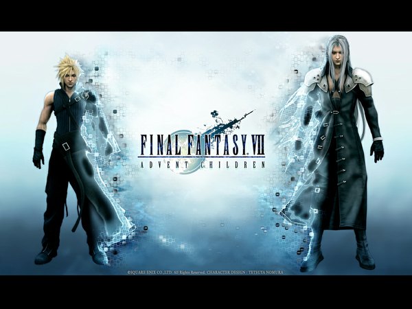 Anime picture 1024x768 with final fantasy vii advent children final fantasy final fantasy vii square enix cloud strife sephiroth long hair short hair blonde hair bare shoulders white hair eyes closed spiked hair boy gloves belt knee boots coat trench coat