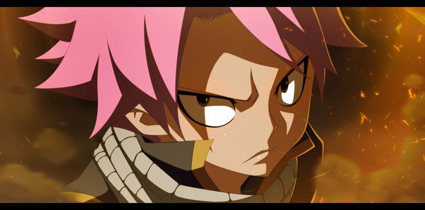 Anime picture 3027x1500 with fairy tail natsu dragneel jbeenz single highres short hair wide image pink hair grey eyes coloring letterboxed close-up smoke face boy scarf