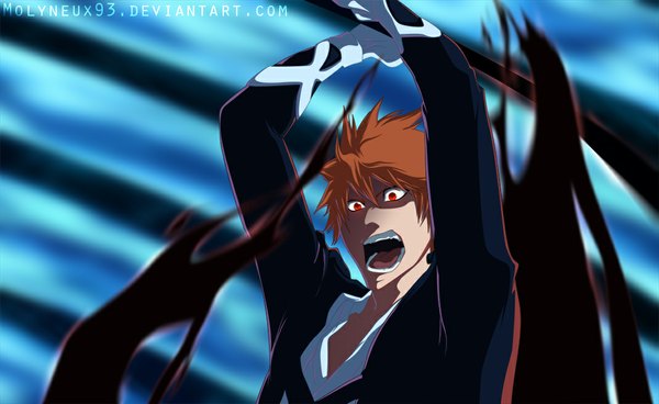 Anime picture 1069x657 with bleach studio pierrot kurosaki ichigo molyneux93 single short hair open mouth red eyes wide image japanese clothes orange hair coloring magic angry boy weapon sword kimono katana