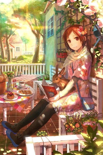 Anime picture 1240x1860 with original fuzichoco single long hair tall image red eyes brown hair sitting hair flower sunlight girl hair ornament flower (flowers) plant (plants) animal tree (trees) food sweets scarf book (books)